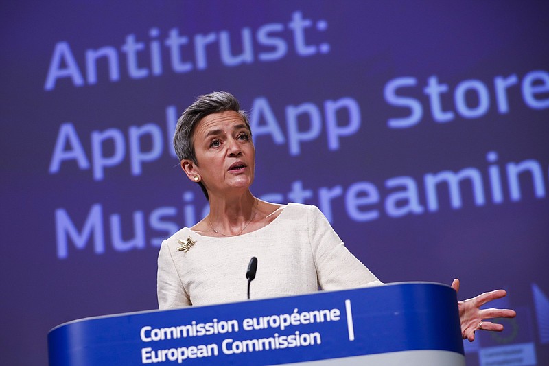 Apple is abusing its power and harming Spotify, European Commissioner Margrethe Vestager said Friday at the European Union headquarters in Brussels.
(AP/Francisco Seco)