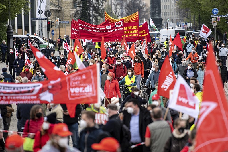 May Day marchers join a Munich rally Saturday of the German Federation of Trade Unions under the banner “Solidarity is the Future.”
(AP/DPA/Matthias Balk)