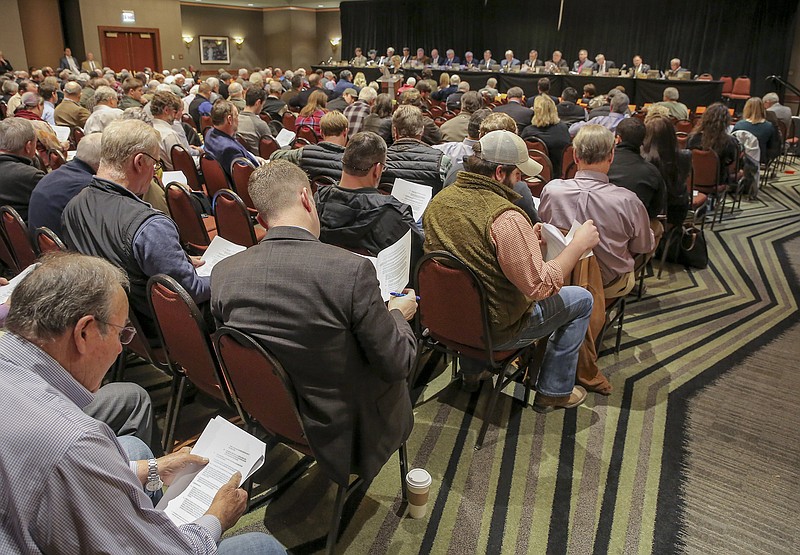 People fill a meeting room at the Embassy Suites Hotel in west Little Rock for a state Plant Board hearing in February 2019. That session cost $10,074, including coffee and other drinks for the crowd and lunch for the Plant Board and staff. Monday’s hearing will be held online at a Zoom cost of $101 for 1,000 viewers.
(Democrat-Gazette file photo)