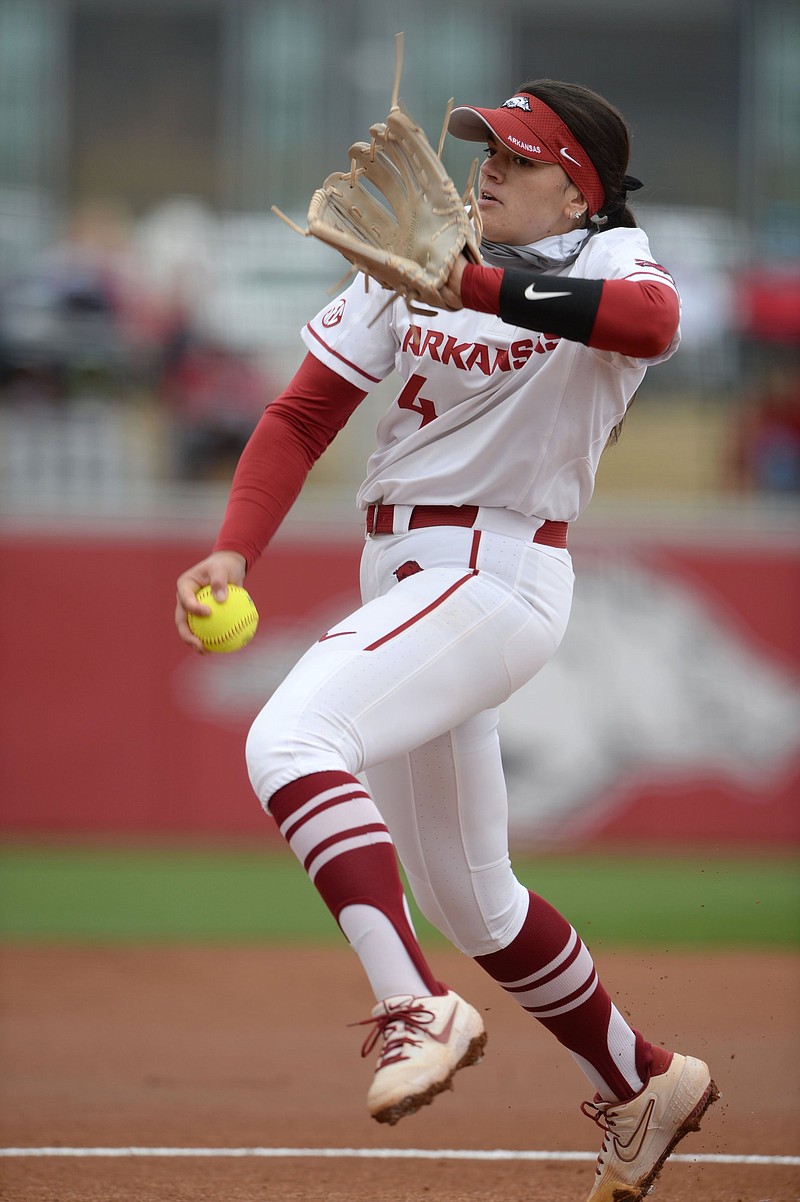 Arkansas starter Mary Haff delivers a pitch Saturday, April 24, 2021, during the Razorbacks' 6-4 loss to Missouri at Bogle Park in Fayetteville. Visit nwaonline.com/210425Daily/ for today's photo gallery. .(NWA Democrat-Gazette/Andy Shupe)