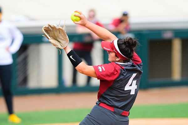 Arkansas pitcher Mary Haff delivers a pitch during a game against LSU on May 3, 2021, in Baton Rouge, La. (Photo by Rebecca Warren, LSU Athletics, via SEC pool)
