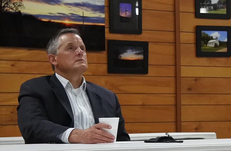 FILE: U.S. Rep. Bruce Westerman takes in a presentation concerning the progress of the Mulberry-based American Vegetable Soybean & Edamame, Inc. at the Mulberry Community Center in this Aug. 31, 2020, file photo. (Arkansas Democrat-Gazette/Thomas Saccente)