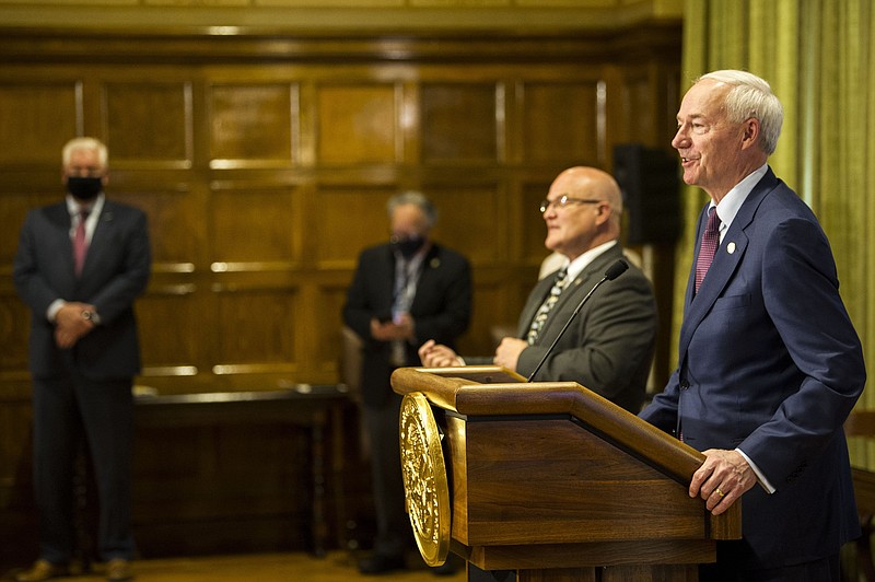 Governor Asa Hutchinson addresses the media during his weekly address on Arkansas' response to COVID-19 on Tuesday, May 4, 2021. The governor announced that this would be the last of his weekly addresses, though he said he would still be updating the media on other matters. (Arkansas Democrat-Gazette/Stephen Swofford)