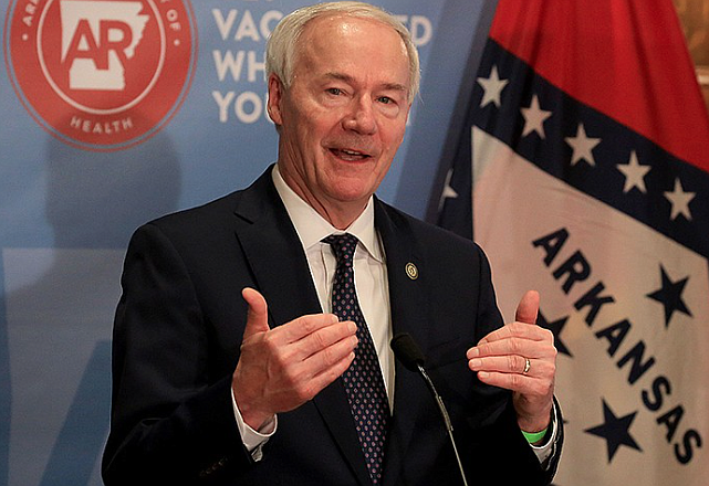Gov. Asa Hutchinson speaks Tuesday April 27, 2021 at the state Capitol during his weekly covid-19 update. (Arkansas Democrat-Gazette/Staton Breidenthal)