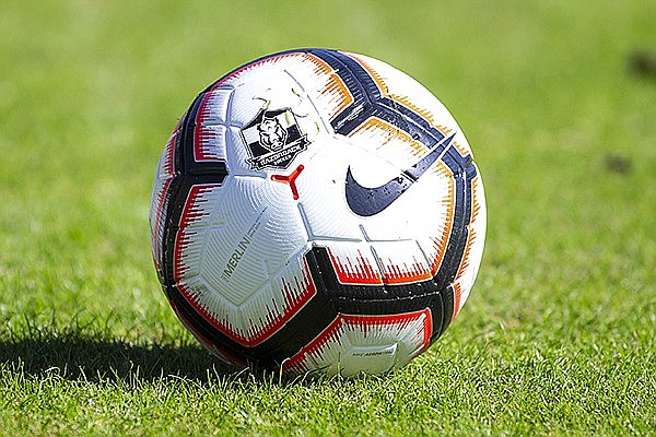 A soccer ball sits on the field prior to a game between Arkansas and Georgia on Sunday, Oct. 27, 2019, in Fayetteville.
