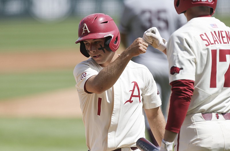 Arkansas second baseman Robert Moore leads the Razorbacks with 29 walks drawn this season and is one of seven Hogs who have at least 20 walks. Arkansas leads the nation with 76 home runs and is fourth with 251 walks.
(NWA Democrat-Gazette/Charlie Kaijo)