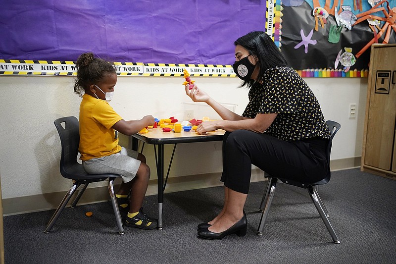 2021 National Teacher of the Year Juliana Urtubey interacts Wednesday with Kamari Wolfe in a class at Kermit R. Booker Sr. Elementary School in Las Vegas.
(AP/John Locher)