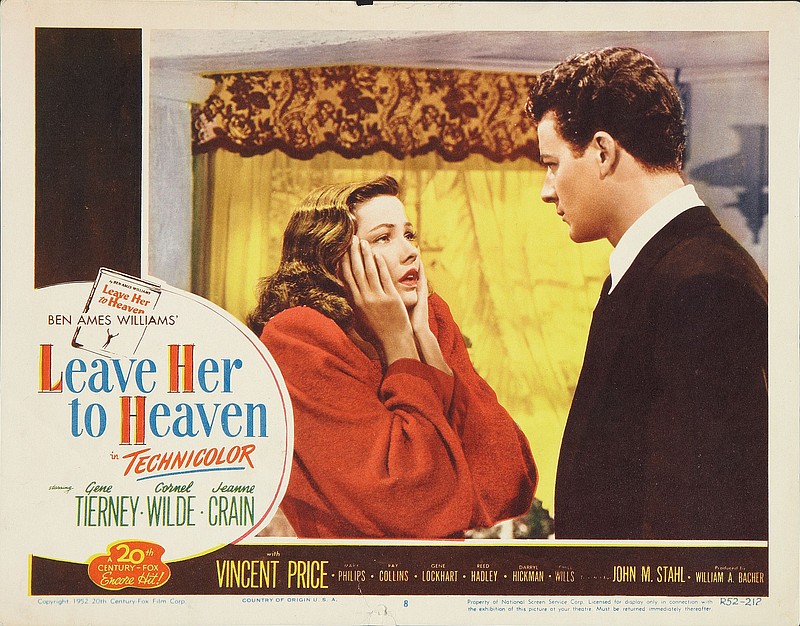 Ellen (Gene Tierney) confesses her crimes to her husband, Richard Harland (Cornel Wilde), in a dramatic scene from the Technicolor film noir, “Leave Her to Heaven,” from 20th Century Fox in 1945.