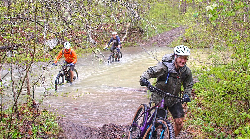 All hope of dry feet vanished as riders rolled through successively higher and higher creeks on Fire Tower Trail during the 16th annual Buffalo Headwaters Challenge. (Special to the Democrat-Gazette/Bob Robinson)