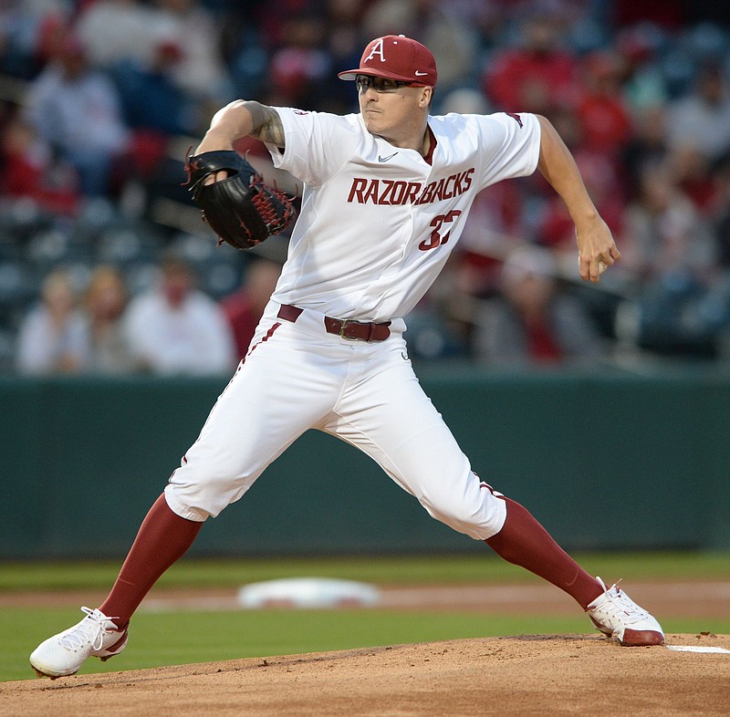 Arkansas left-hander Patrick Wicklander scattered 6 hits in 52/3 innings Friday night against Georgia at Baum-Walker Stadium in Fayetteville. Wicklander improved to 4-1 this season as the Razorbacks defeated Georgia 3-0. More photos are available at arkansasonline.com/58ugaua/
(NWA Democrat-Gazette/Andy Shupe)