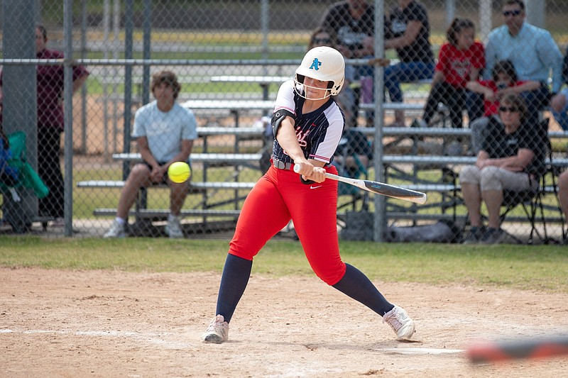 Alivia Slayton hit one of three home runs for Baptist Prep in a 7-0 victory over Dover in the semifi nals of the 3A-Region 3 softball tournament Friday at Burns Park in North Little Rock. The Eagles will face Atkins in the title game at 2:30 p.m. today.
(Arkansas Democrat-Gazette/Justin Cunningham)