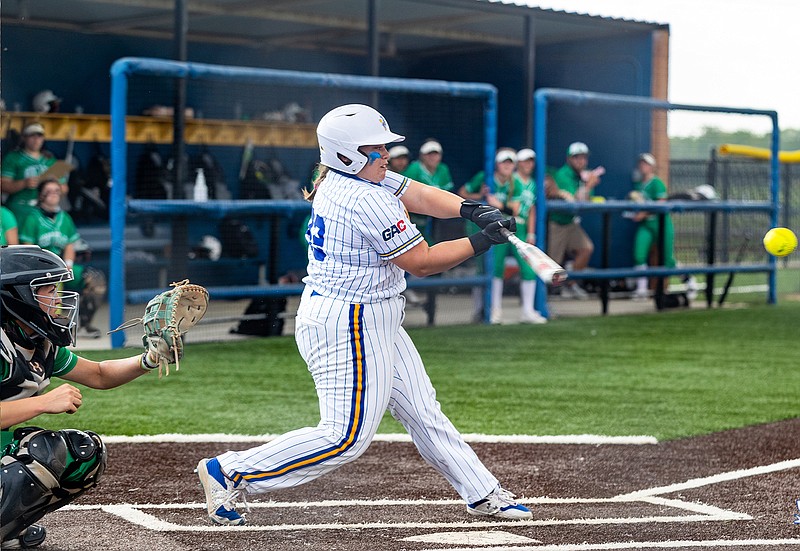 SAU’s Elisa Favela gets a hit during a recent game. The Lady Muleriders was named the GAC’s Player of the Week for her effort during a three-game series against Northwestern Oklahoma State. (SAU Sports)