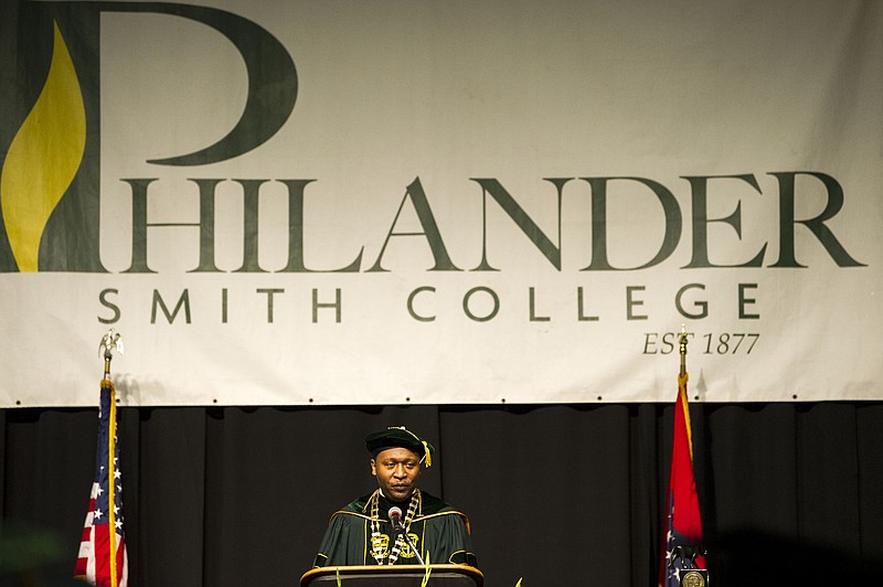Roderick L. Smothers, president of Philander Smith College, addresses the graduating seniors during the spring graduation on Saturday, May 8, 2021. (Arkansas Democrat-Gazette/Stephen Swofford)
