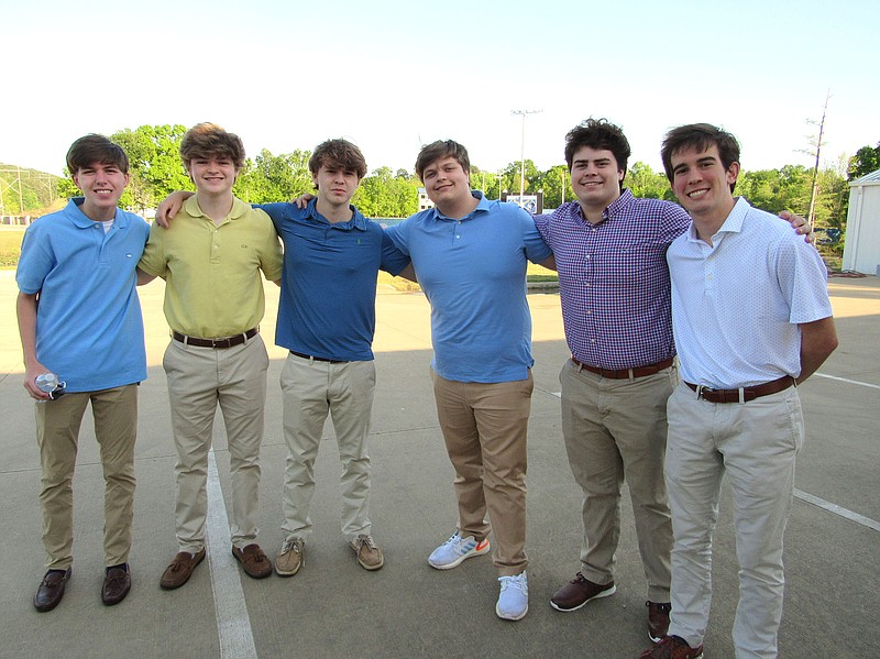 Alex Brown, Porter Herron, Charlie Brandom, Drew Seale, Holdyn Hoskyn and Stephen Munson on 04/25/2021 at  the Champions of Hope celebration, Blue Bird Field. (Arkansas Democrat-Gazette/Kim Dishongh)