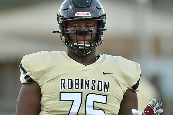 Offensive lineman E'Marion Harris of Joe T. Robinson High School is shown during a game against Ashdown on Friday, Oct. 30, 2020, in Little Rock.