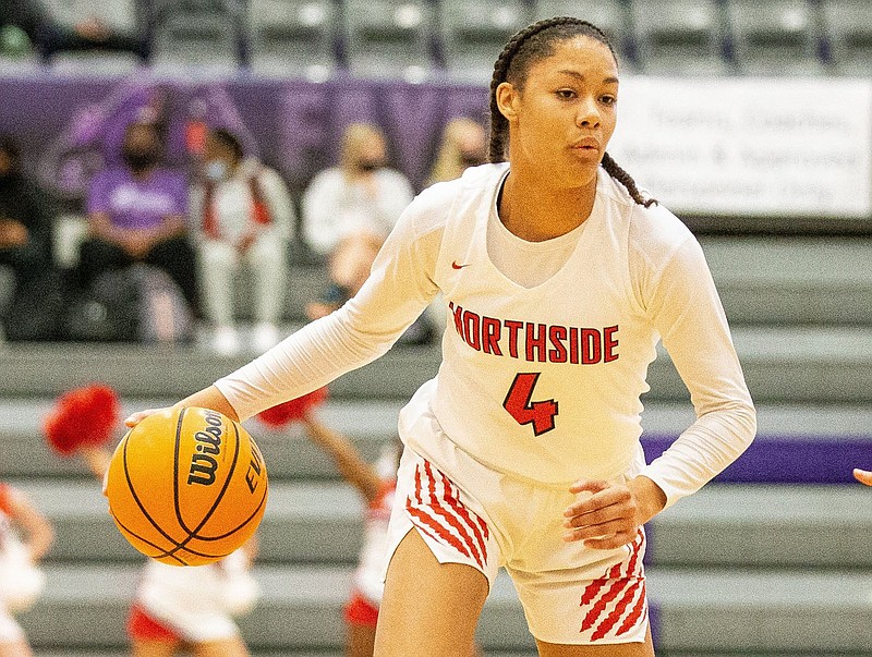 FILE — Jersey Wolfenbarger (4) of Northside looking for open player as Ella Nelson (22) of Springdale Har-ber defends at Bulldog Arena in Fayetteville in this Thursday, March 11, 2021 file photo. (Special to NWA Democrat-Gazette/David Beach)