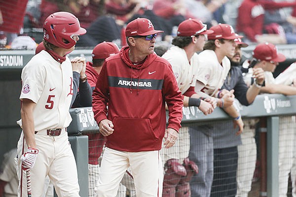 Arkansas coach Dave Van Horn reacts to a play during a game against Georgia on Sunday, May 9, 2021, in Fayetteville.