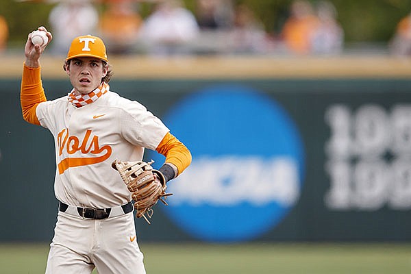 Tennessee infielder Max Ferguson is throws during a game against Vanderbilt on Sunday, April 18, 2021, in Knoxville, Tenn. (Photo by Kate Luffman, Tennessee Athletics, via SEC pool)