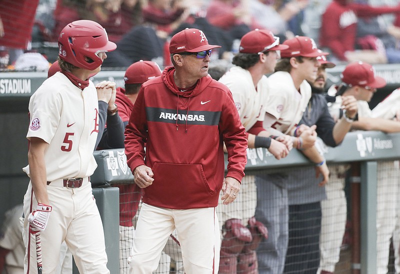 Arkansas head coach Dave Van Horn reacts, Sunday, May 9, 2021 during the fifth inning of a baseball game at Baum-Walker Stadium in Fayetteville. Check out nwaonline.com/210510Daily/ for today's photo gallery. .(NWA Democrat-Gazette/Charlie Kaijo)