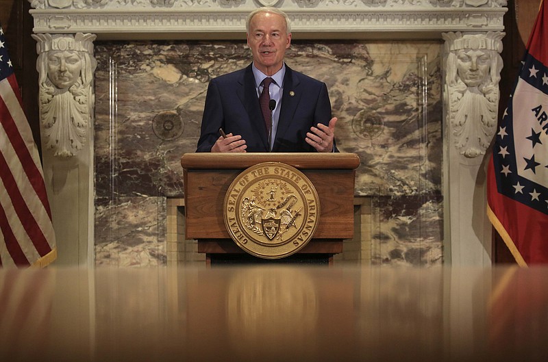 Gov. Asa Hutchinson speaks Tuesday May 11, 2021 during his weekly press briefing at the state Capitol in Little Rock where he announced the creation of a 14-member steering committee that will help in deciding how money from the American Rescue Plan will be spent. More photos at arkansasonline.com/512governor/. (Arkansas Democrat-Gazette/Staton Breidenthal)