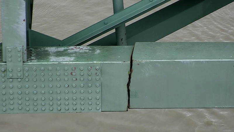 A fracture in a steel beam of the Interstate 40 bridge near Memphis is visible in this undated image. The Tennessee Department of Transportation says the fracture is in a 900-foot steel beam that provides stability for the Interstate 40 bridge that connects Arkansas and Tennessee over the Mississippi River. The bridge was closed Tuesday, May 11, 2021 after inspectors found the crack. (Tennessee Department of Transportation via AP)