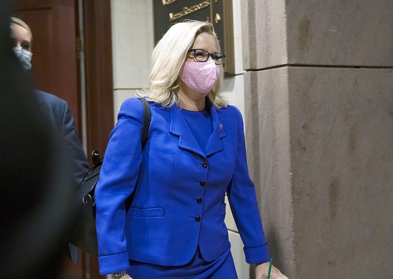 Rep. Liz Cheney, R-Wyo., arrives as House GOP members meet to decide whether she should be removed from her leadership role as chair of the Republican Conference after she repeatedly rebuked former President Donald Trump for his false claims of election fraud and his role in instigating the Jan. 6 U.S. Capitol attack, at the Capitol in Washington, Wednesday, May 12, 2021. (AP/J. Scott Applewhite)