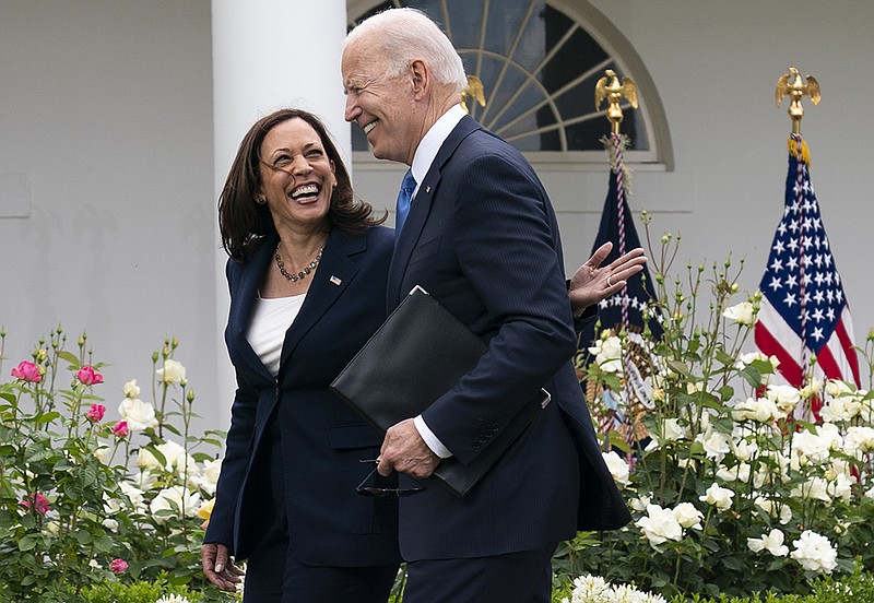 President Joe Biden leaves a news conference Thursday with Vice President Kamala Harris after announcing the change in mask guidelines and encouraging more Americans to get vaccinated.
(AP/Evan Vucci)
