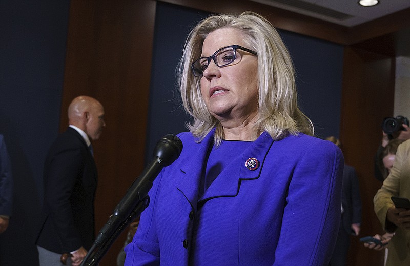 U.S. Rep. Liz Cheney speaks to reporters Wednesday after she was ousted from her leadership post. “If you want leaders who will enable and spread [former President Donald Trump’s] destructive lies, I’m not your person; you have plenty of others to choose from,” Cheney told GOP House colleagues.
(AP/J. Scott Applewhite)