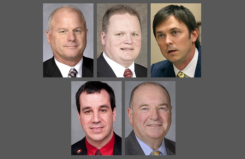 Shown in this composite photo are (top, from left) state Sen. Jim Hendren of Sulphur Springs, former state Rep. Nate Bell of Mena, former House Speaker Davy Carter, (bottom, from left) David Meeks of Conway and Bruce Maloch of Magnolia.