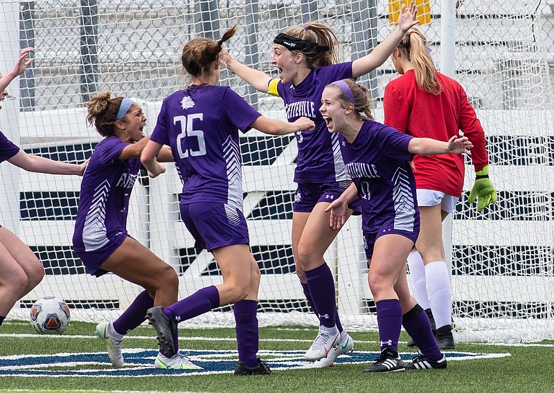 Fayetteville’s Bella Kieklak (right) celebrates after scoring a goal during Friday’s Class 6A state tournament match against Mount St. Mary at Wildcat Stadium in Springdale. The Lady Bulldogs won 2-1. More photos are available at arkansasonline.com/515fmsma/
(Special to the NWA Democrat-Gazette/David Beach)