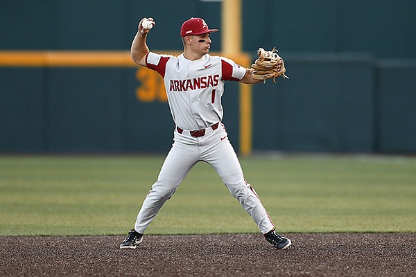 Arkansas second baseman Robert Moore looks toward first base during a game against Tennessee on Friday, May 14, 2021, in Knoxville, Tenn. (Photo courtesy Tennessee Athletics)