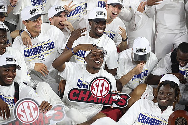 Arkansas athletes celebrate after winning the team title at SEC Outdoor Track and Field Championships on Saturday, May 15, 2021, in College Station, Texas. (Photo courtesy Craig Bisacre, Texas A&M Athletics)