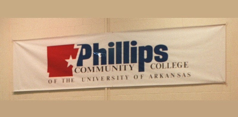 A banner for Phillips Community College of the University of Arkansas is shown in this May 1997 file photo. (Arkansas Democrat-Gazette file photo)