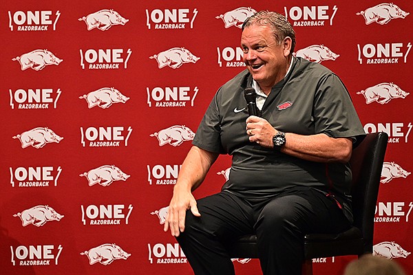 Arkansas football coach Sam Pittman speaks to fans during the One Razorback Roadshow on Monday, May 17, 2021, in Harrison. Arkansas football coach Sam Pittman speaks to fans during the One Razorback Roadshow on Monday, May 17, 2021, in Harrison.