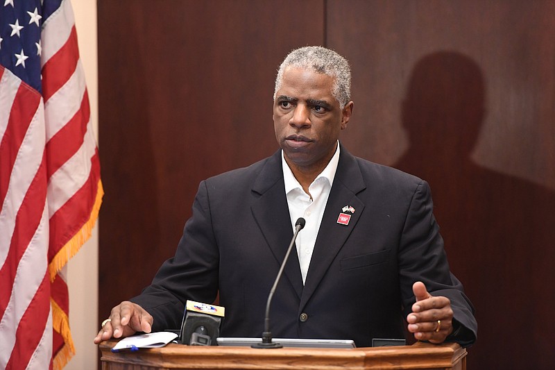 County Judge Joseph Wood addresses the media Monday March 16, 2020, at the Washington County Courthouse in Fayetteville. Wood recently announced his campaign for lieutenant governor.