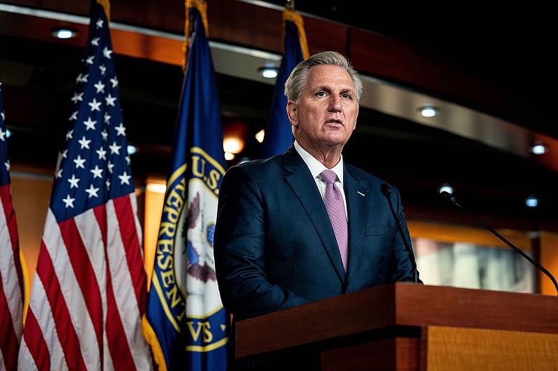 House Minority Leader Kevin McCarthy (R-Calif.) speaks at his weekly news conference at the Capitol in Washington on Thursday, April 22, 2021. (Anna Moneymaker/The New York Times)