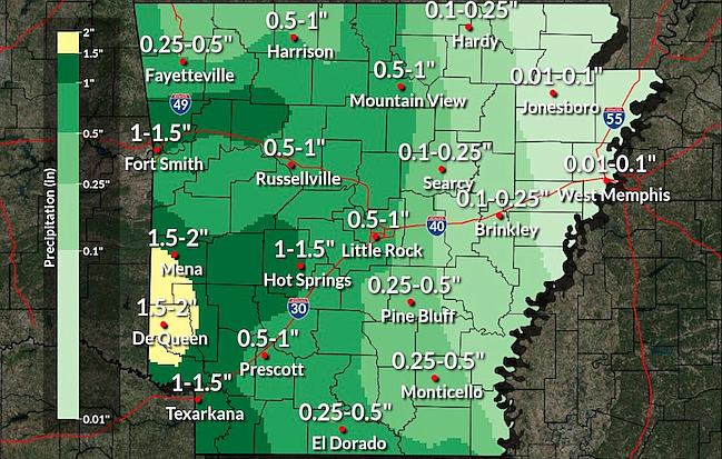 As much as 2 inches of rainfall is expected in parts of the state through Thursday, according to this National Weather Service graphic.