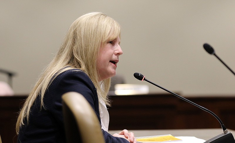 Rep. Gayla McKenzie, R-Gravette, presents HR1037, to amend the rules of the House of Representatives, during the House Rules Committee meeting on Wednesday, April 21, 2021, at the state Capitol in Little Rock.
(Arkansas Democrat-Gazette/Thomas Metthe)