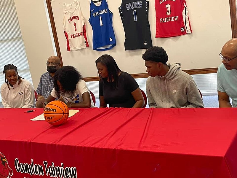 From Lady Cardinal to Lady Eagle
Camden Fairview senior Tamia Dandridge signs to attend and play basketball at Williams Baptist University. She is joined from left by WBU Coach Kala Tyus, Dandridge’s grandfather, Dandridge, her mother Tameka Hawkins, brother Jalen Dandridge, and Rev. Wesley Johnson