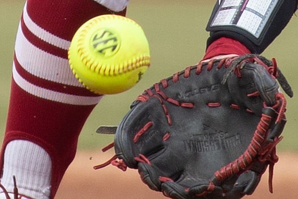 A softball is shown during an Arkansas game against North Dakota State on Thursday, Feb. 25, 2021, in Fayetteville.