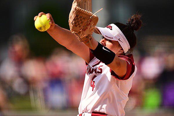 Arkansas pitcher Mary Haff throws during an NCAA regional game against Stanford on Sunday, May 23, 2021, in Fayetteville. Arkansas pitcher Mary Haff throws during an NCAA regional game against Stanford on Sunday, May 23, 2021, in Fayetteville.