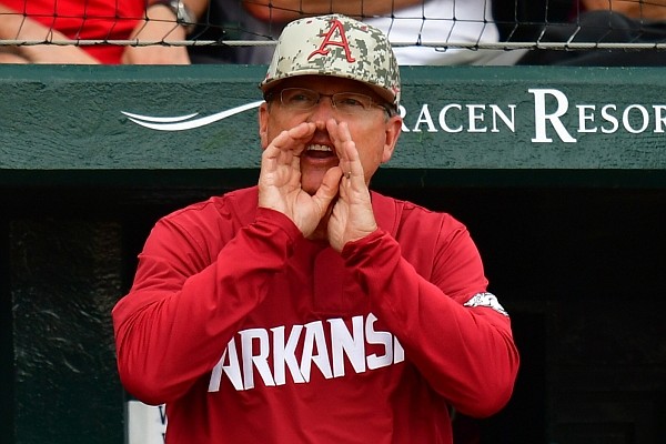 Dave Van Horn yells during Arkansas' 7-3 loss to Georgia on Saturday, May 8, 2021, at Baum-Walker Stadium in Fayetteville. Picture courtesy SEC Media Pool. Dave Van Horn yells during Arkansas' 7-3 loss to Georgia on Saturday, May 8, 2021, at Baum-Walker Stadium in Fayetteville. Picture courtesy SEC Media Pool.