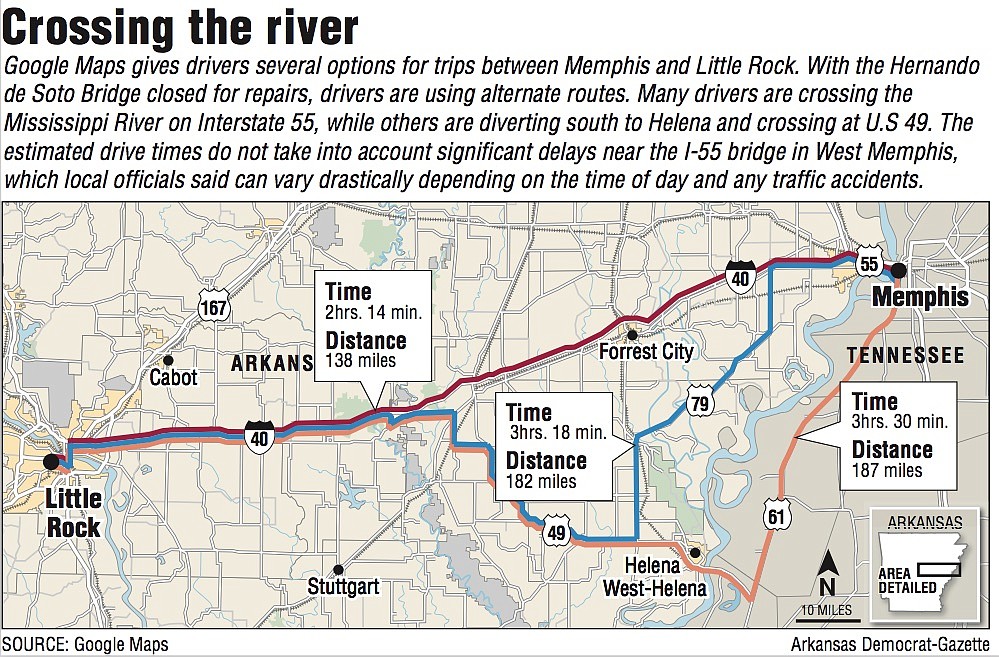 A map showing routes across the Mississippi River.