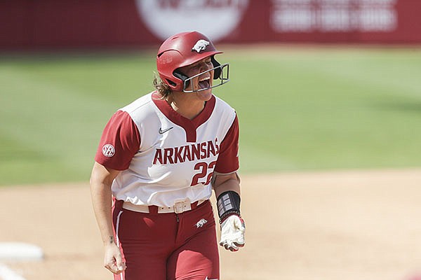 Linnie Malkin celebrates a home run while running the bases during an NCAA regional game against Stanford on Sunday, May 23, 2021, in Fayetteville. Linnie Malkin celebrates a home run while running the bases during an NCAA regional game against Stanford on Sunday, May 23, 2021, in Fayetteville.