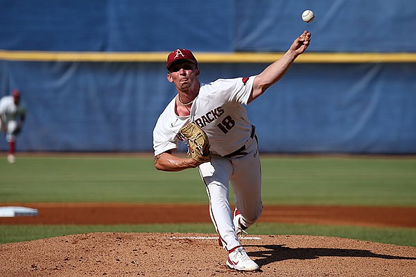 Arkansas pitcher Lael Lockhart throws during an SEC Tournament game against Georgia on Wednesday, May 26, 2021, in Hoover, Ala. (SEC pool photo)