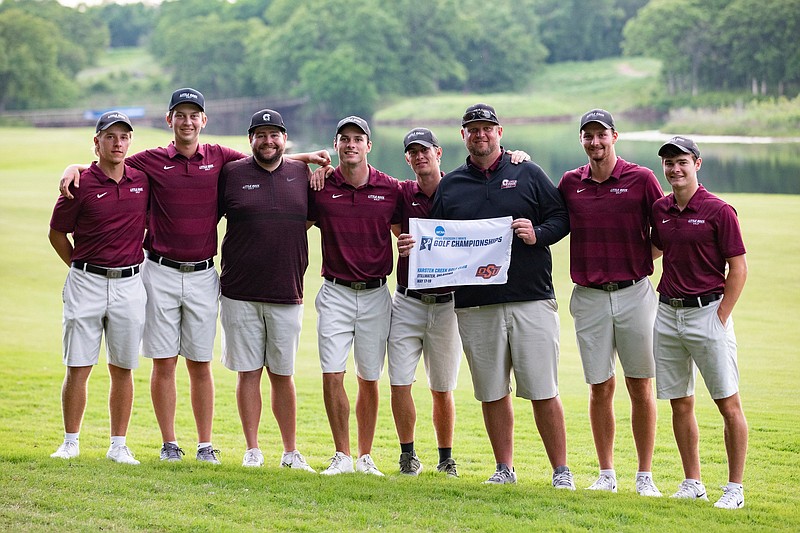 The University of Arkansas at Little Rock won the the Stillwater (Okla.) Regional, advancing to the NCAA Championships for the first time in program history. Team members are (from left) Anton Albers, Logan Pate, assistant coach Patrick Sullivan, Nico Horder, Magnus Lomholt, Director of Golf Jake Harrington, Marcel Rauch and Ryan McNelis.
(Photo courtesy UALR)