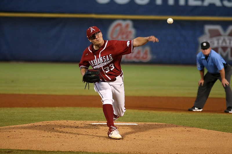 Patrick Wicklander delivers a pitch during Arkansas' game against Vanderbilt in the SEC Tournament in Hoover, Ala. on Friday, May 27, 2021. (Picture courtesy SEC media pool.)