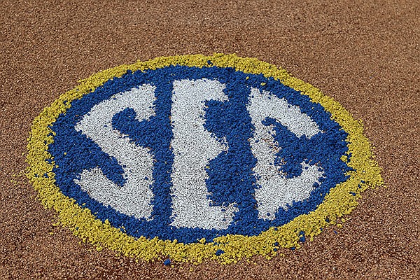 An SEC logo is shown on the field during the SEC Tournament on Thursday, May 27, 2021, in Hoover, Ala. (SEC pool photo)