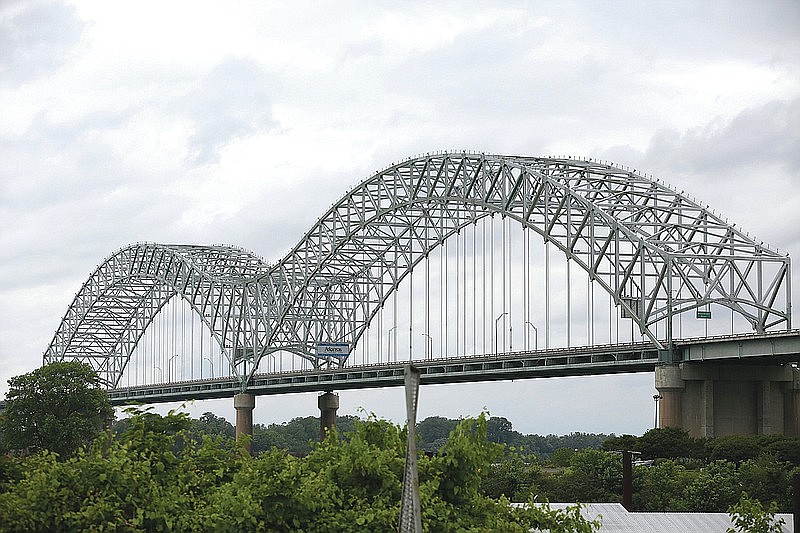 The I-40 Hernando de Soto Bridge crossing the Mississippi River connecting Arkansas and Tennessee on Tuesday, May 18, 2021. The bridge was closed after inspectors found a fracture. (Arkansas Democrat-Gazette/Thomas Metthe)