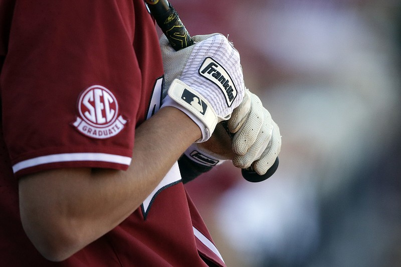 Arkansas' Jacob Nesbit (5) prepares to bat against Tennessee in the ninth inning of an NCAA college baseball championship game during the Southeastern Conference tournament Sunday, May 30, 2021, in Hoover, Ala. (AP Photo/Butch Dill)